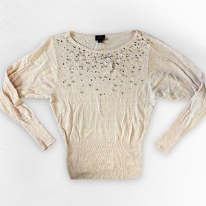 WORTHINGTON Pink Beaded Sequin Embellished Sweater Small Crew Balloon Sleeve